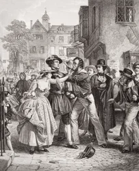 Pressegjengen griper en vannmann på Tower Hill om morgenen på ekteskapsdagen hans, fra "Illustrasjoner av engelsk og skotsk historie" bind II (se 95977)