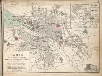 Kart over Paris ved utbruddet av den franske revolusjonen, 1789, utgitt av William Blackwood and Sons, Edinburgh og London, 1848 (håndfarget gravering)