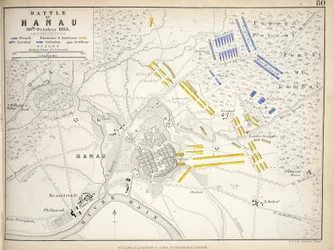 Kart over slaget ved Hanau, utgitt av William Blackwood and Sons, Edinburgh og London, 1848 (håndfarget gravering)