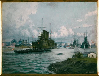 Den østerrikske marinehavnen i Pola … (maleri på lerret)