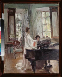 Dans le salon de reception (I et mottaksrom) - To kvinner lager musikk, synger og spiller piano - Verk av Alexander Valentinovich Sredin (Sredine) (1872-1934), olje på papp - russisk kunst sent 1800-begynnelsen av 1900-tallet, modernisme - Regional Ar