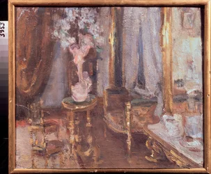 Kveld i et rom - Verk av Alexander Valentinovich Sredin (Sredine) (1872-1934), olje på papp - Russisk kunst, slutten av 1800-begynnelsen av 1900-tallet, modernisme - State Regional I Pozhalostin Art Museum, Ryazan ( Russland)