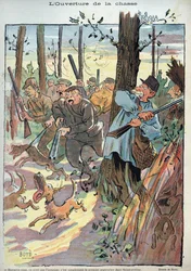 Åpning av jakten - illustrasjon av Alexander Stuart Boyd (1854-1930) for Laughter n. 45 av 1895