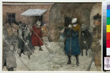 Folk feier snø i en gate om vinteren - Kunstverk av Alexander Ivanovich Vakhrameyev (1874-1926), ca. 1921 - Snøfjerning - Akvarell, hvit farge, svart kritt på papir av Alexander Ivanovich Vakhrameyev (1874-1926), ca 1921 - 291x. ,5 cm - St