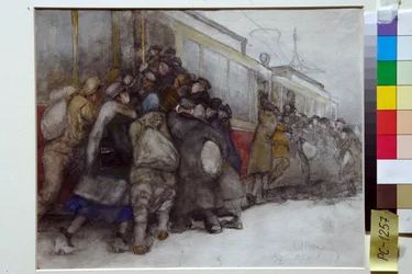 Folk prøver å gå ombord på en allerede full trikk - Kunstverk av Alexander Ivanovich Vakhrameyev (1874-1926)