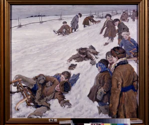 Vintersport (Vintersport). Sledescene, i et snødekt felt, varmt kledde barn som har det gøy og ler høyt. Maleri av Alexander Viktorovich (Alexander Victor) Moravov (1878-1951), olje på lerret