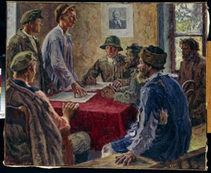 Et møte i fattigbondekomiteen i 1918 (A Sitting of the Poor Peasants Committee i 1918). Maleri av Alexander Viktorovich Moravov (Alexander Victor) (1878-1951), olje på lerret