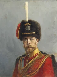 Portrett av keiser Nicholas II (1868-1918) av Makovsky, Alexander Vladimirovich (1869-1924). Olje på lerret, ca. 1907, Dimensjon : 62,9x47,5. Privat samling