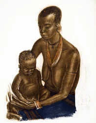 MGogo-kvinne med barnet sitt (Dodoma), fra Drawings and Paintings of Africa, henrettet under Citroen Center Africa-ekspedisjonen, andre Haardt Audouin-Dubreuil-oppdraget, pub. Paris, 1927 (farge li