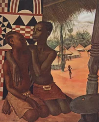 Titi og Naranghe, døtre til sjef Eki Bondo (Haut Ouelle) (den ene av en Mangbetou-mor, den andre til en Matchaga-mor), fra Drawings and Paintings of Africa, henrettet under Citroen Center Afr-ekspedisjonen