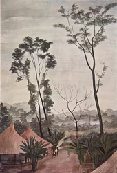 A Village in Loubangui - Chari, fra Drawings and Paintings of Africa, henrettet under Citroen Center Africa-ekspedisjonen, andre Haardt Audouin-Dubreuil-oppdraget, pub. Paris, 1927 (farge litho
