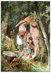 Illustrasjon til Hans og Grete av brødrene Grimm, ca. 1899 (offsettrykk)