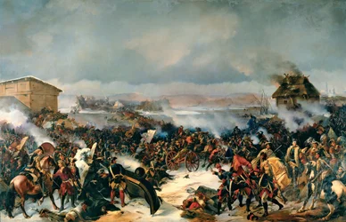 Slaget ved Narva, 19. november 1700. Episode av den store nordkrigen (1700-1721) mellom Sverige og alle de baltiske landene, Danmark, Polen og Russland. Maleri av Alexander (Alexander) von Kotzebue (1815-1889), olje på lerret