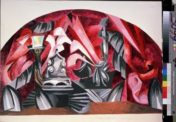 Forberedende dekor for stykket "Romeo og Julie" av William Shakespeare (1564-1616) (Scenedesign for stykket Romeo og Julie av William Shakespeare) - Verk av Alexandra Alexandrovna Exter (1882-1949), gouache på papp