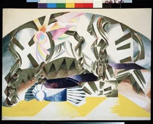 Forberedende dekor for stykket Romeo og Julie av William Shakespeare (1564-1616) (Scenedesign for stykket Romeo og Julie av W.Shakespeare). Abstrakt beskrivelse, med trapper. Verk av Alexandra Alexandrovna Exter (1882-1949), gouache på