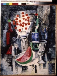 ""Stilleben med vase og flasker"" Skive vannmelon og kirsebær. Maleri av Alexandra Alexandrovna Exter (1882-1949) (konstruktivisme) 1914 Statens friluftsmuseum Rostov Kreml, Rostov