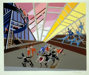 Scenografi for en ballett, illustrasjon fra 'Maquettes de Theatre' av Alexandra Exter, utgitt på 1920-tallet (litho)