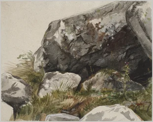 Steinete landskap (akvarell med blekk og kull)