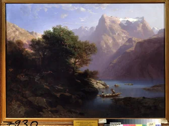 ""Fjelllandskap med innsjø i Sveits"" (Fjellsjø) Maleri av Alexandre Calame (1810-1864) 1860 Regional Art Gallery, Tambov Russland