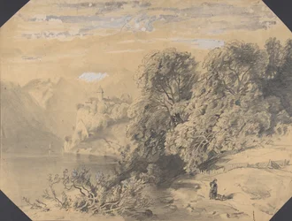 Kvinne med hund ved et fjellvann, tidlig til midten av 1800-tallet.