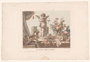 Stilleben på et bord med en hund og en statue av Amor Le Dieu des ladies. (tittel på objekt)