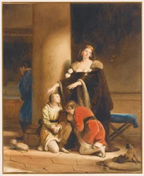 Elisabeth Woodville, dronning av England, tar farvel med sønnene sine, Edward V og Richard, hertugen av York, med en sørgende mann bak en kolonne