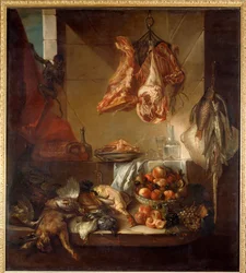 Kjøkkeninteriør med stilleben av vilt, frukt og kjøtt. Maleri av François Desportes (1661-1743), 18. århundre. Châlons-sur-Marne, Kunstmuseet