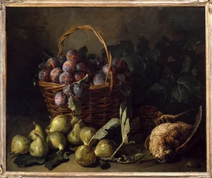 Stilleben, fiken og plommer, maleri av Francois Desportes (1661-1743) Paris fra 1700-tallet, dekorativ kunst