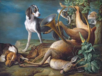 Stilleben med dødt vilt og jakthunder, 1730