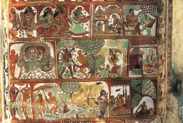 Fresker som skildrer livet til Shiva i helligdommen for Parvati, Nataraya-tempelet, Chidambaram, Tamil Nadu, India, 500-tallet