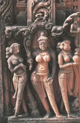 Skulptur som viser kvinnelige figurer, Jain Temple No 16, Deogarh, Uttar Pradesh, India, 800-1700-tallet.
