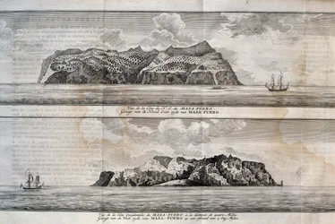 Utsikt over Alejandro Selkirk-øya eller Más Afuera-øya, Juan Fernández-øygruppen, Chile, gravering