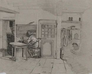 Et gårdshusinteriør med en gutt ved et bord, ca. 1846.