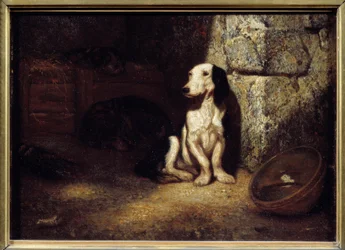 Svart og hvit basset ved hundehuset. Ved siden av står en skål fylt med vann. 1849. Sol. 0,25 x 0,35 m