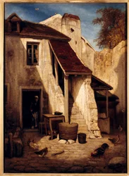 Interiør av rustikk gårdsplass i Fontainebleau Maleri av Alexandre Gabriel Decamps (1803-1860) 1800-tallet Søn. 0,78x0,56 m Paris, Musée du Louvre.