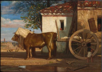 Okser foran et gårdshus i Le Verrier, ca. 1853 (olje på trepanel)