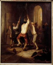 Ringetonene. Menn trekker i tauet for å ringe klokkene. Maleri av Alexandre Gabriel Decamps (1803-1860)