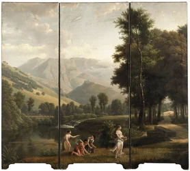 Et arkadisk landskap med jomfruer som samler blomster ved en elvebredd, et slott på bakketoppen bortenfor, 1801