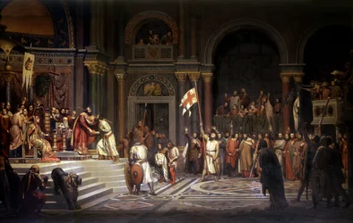 Godfred av Bouillon mottas av Alexios Komnenos, keiser av Konstantinopel, i 1097 under forsvaret av byen mot tyrkerne under det første korstoget i 1096-1099, 1842