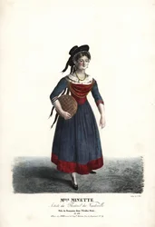 Skuespillerinnen Mademoiselle Minette eller Jeanne-Marie-Francoise Menestrier som Francoise i Nicolas Remi av Sewrin, Theatre du Vaudeville