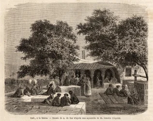 Utsikt over en kafé i La Marsa (Tunis), tegning av A.de Bar, for å illustrere en tur til Tunis, i 1859, av Amable Crapelet. Gravering i "" Le tour du monde"", redigert av Edouard Charton