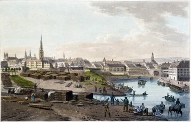 Utsikt over Wien fra kysten av Leopold-Stadt (arbeider på kaien) - i "" Pittoresk tur til Østerrike av grev Alexandre de Laborde"", Paris, red. Eldste Didot