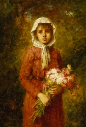 En ung jente som holder en bukett blomster,