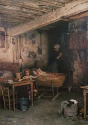 Barn i hytteinteriør (olje på lerret)