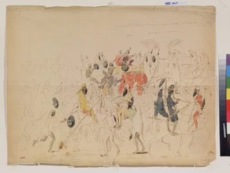 Møtet mellom Maharaja Sher Singh (1807-1843) fra Punjab (India) og den britiske ambassadør Clark (?) i 1842. Verk av Alexei Dmiitryevich Saltykov (1806-1859), blyant, akvarell og blekk på papir