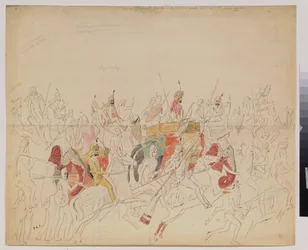 Maharaja Sher Singh (1807-1843) fra Punjab (India) og hoffet hans. Verk av Alexei Dmitrievich Saltykov (1806-1859), akvarellblyant og blekk på papir