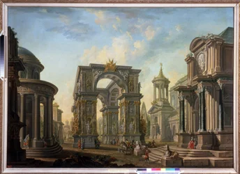 Arkitektonisk fantasi. Maleri av Alexei Ivanovich Belsky (1730-1796). Olje på lerret