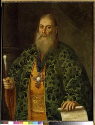 Portrett av far Fyodor Dubiansky. (Portrett av Fedor Dubyansky). Maleri av Alexei Petrovich Antropov (1716-1795), olje på lerret