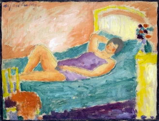Jenta legger seg ned. (Den liggende jenta). Verk av Alexei von Javlensky (Alexi von Jawlensky, Alexej von Javlenski) (1864-1941). olje på papp