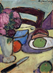 Stilleben med stol og bukett; Stilleben med stol og blomstergate, 1906